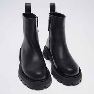 New Zara Genuine Leather Low Heeled Lug Sole Ankle Boots - 1142/610
